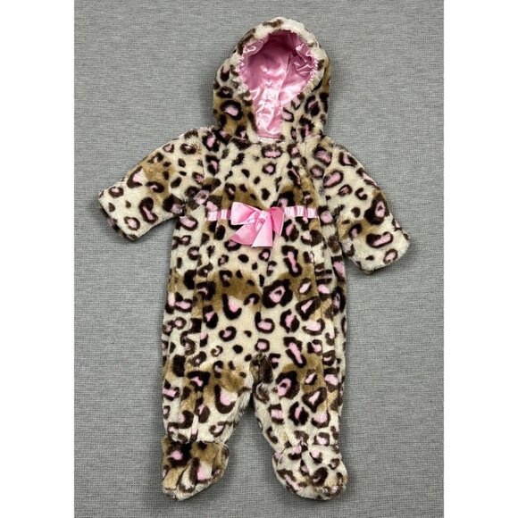 Pistachio Other - Baby Girls Leopard Print Faux Fur Hooded Bunting Suit 6/9M Satin Bow Lined